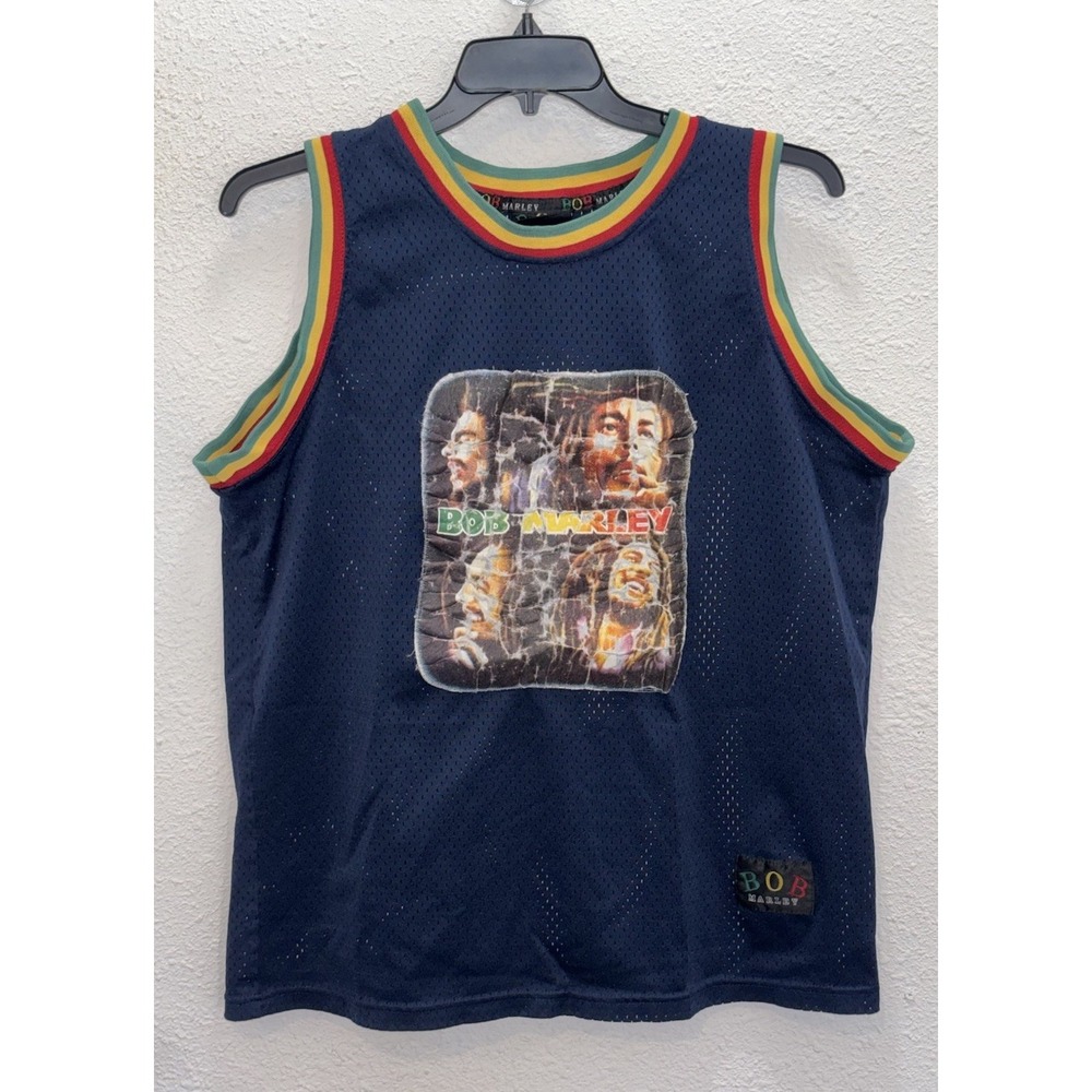 Vintage Bob Marley Mesh Basketball Tank Mens L, Navy Blue w/Graphic & Spellout